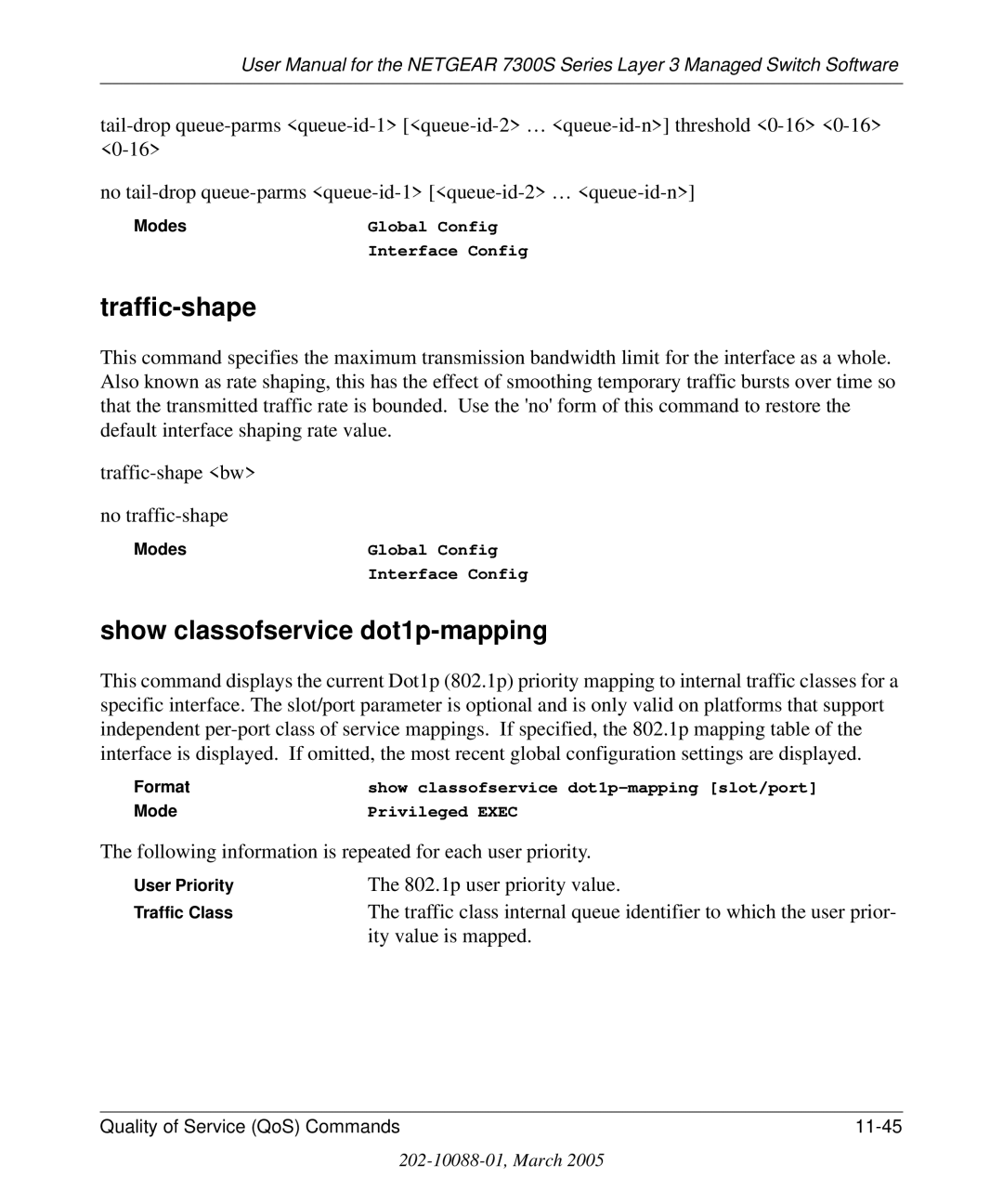 NETGEAR 7300S manual Traffic-shape, Show classofservice dot1p-mapping 