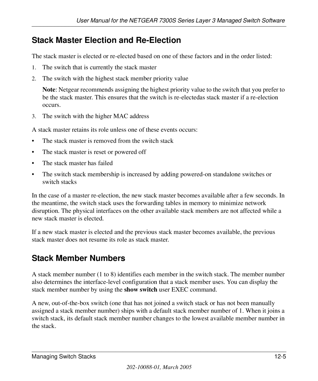 NETGEAR 7300S manual Stack Master Election and Re-Election, Stack Member Numbers 