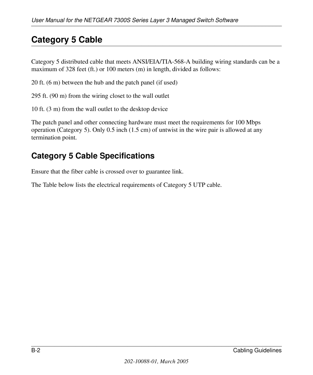 NETGEAR 7300S manual Category 5 Cable Specifications 