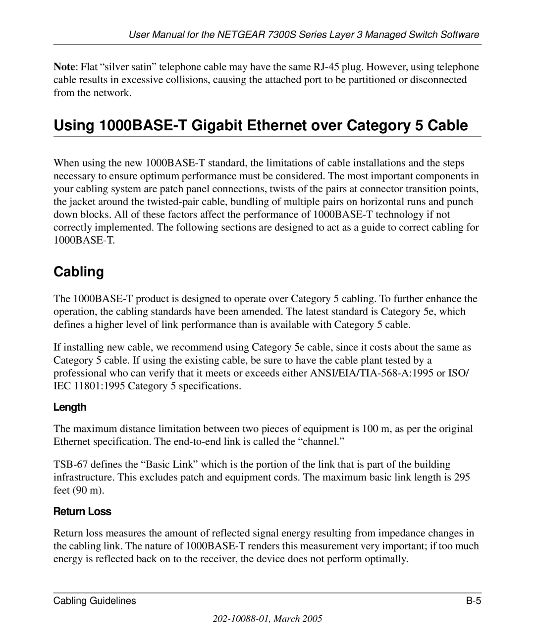 NETGEAR 7300S manual Using 1000BASE-T Gigabit Ethernet over Category 5 Cable, Cabling, Length, Return Loss 