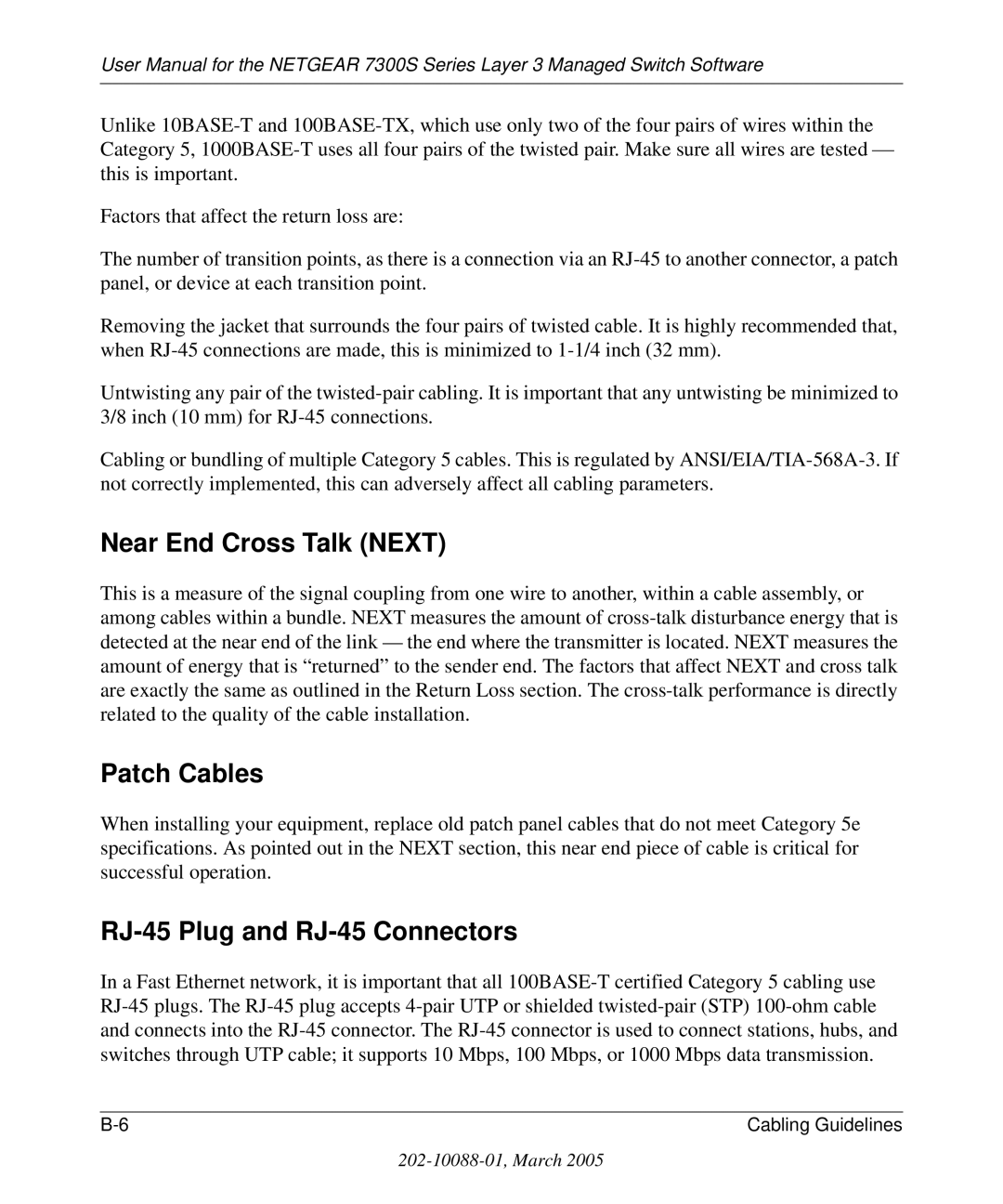 NETGEAR 7300S manual Near End Cross Talk Next, Patch Cables, RJ-45 Plug and RJ-45 Connectors 