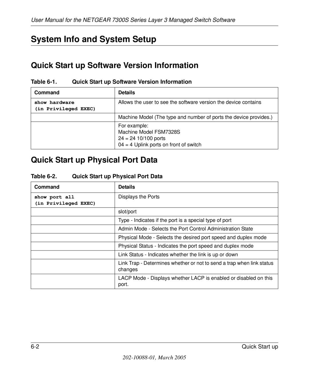 NETGEAR 7300S System Info and System Setup, Quick Start up Software Version Information, Quick Start up Physical Port Data 