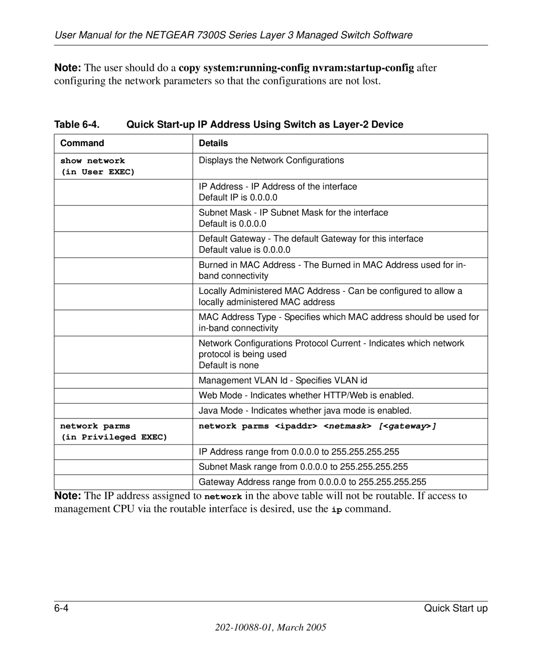 NETGEAR 7300S manual Quick Start-up IP Address Using Switch as Layer-2 Device 