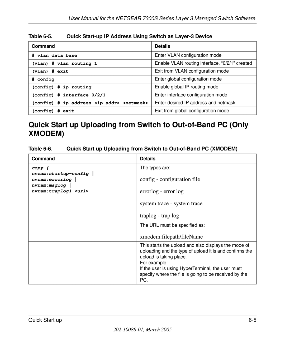 NETGEAR 7300S manual Quick Start up Uploading from Switch to Out-of-Band PC Only 