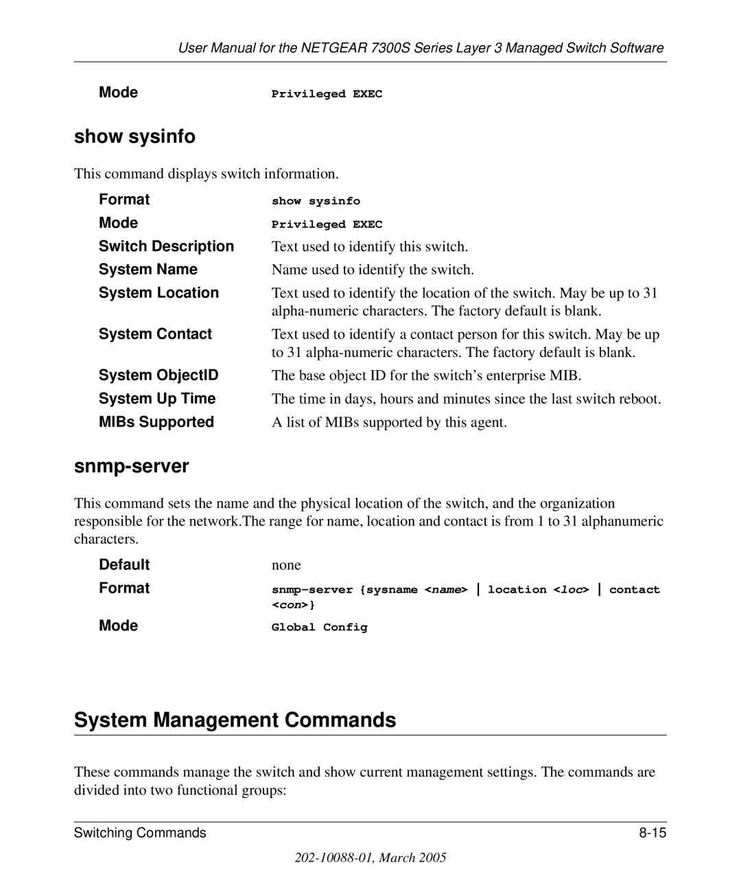 NETGEAR 7300S manual System Management Commands, Show sysinfo, Snmp-server 