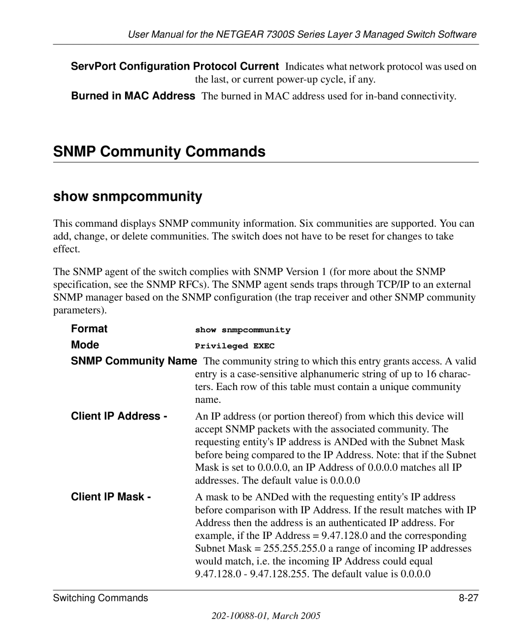 NETGEAR 7300S manual Snmp Community Commands, Show snmpcommunity, Client IP Address, Client IP Mask 