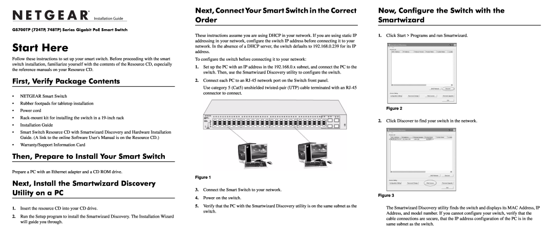 NETGEAR 724TP, 748TP user manual First, Verify Package Contents, Then, Prepare to Install Your Smart Switch, Start Here 