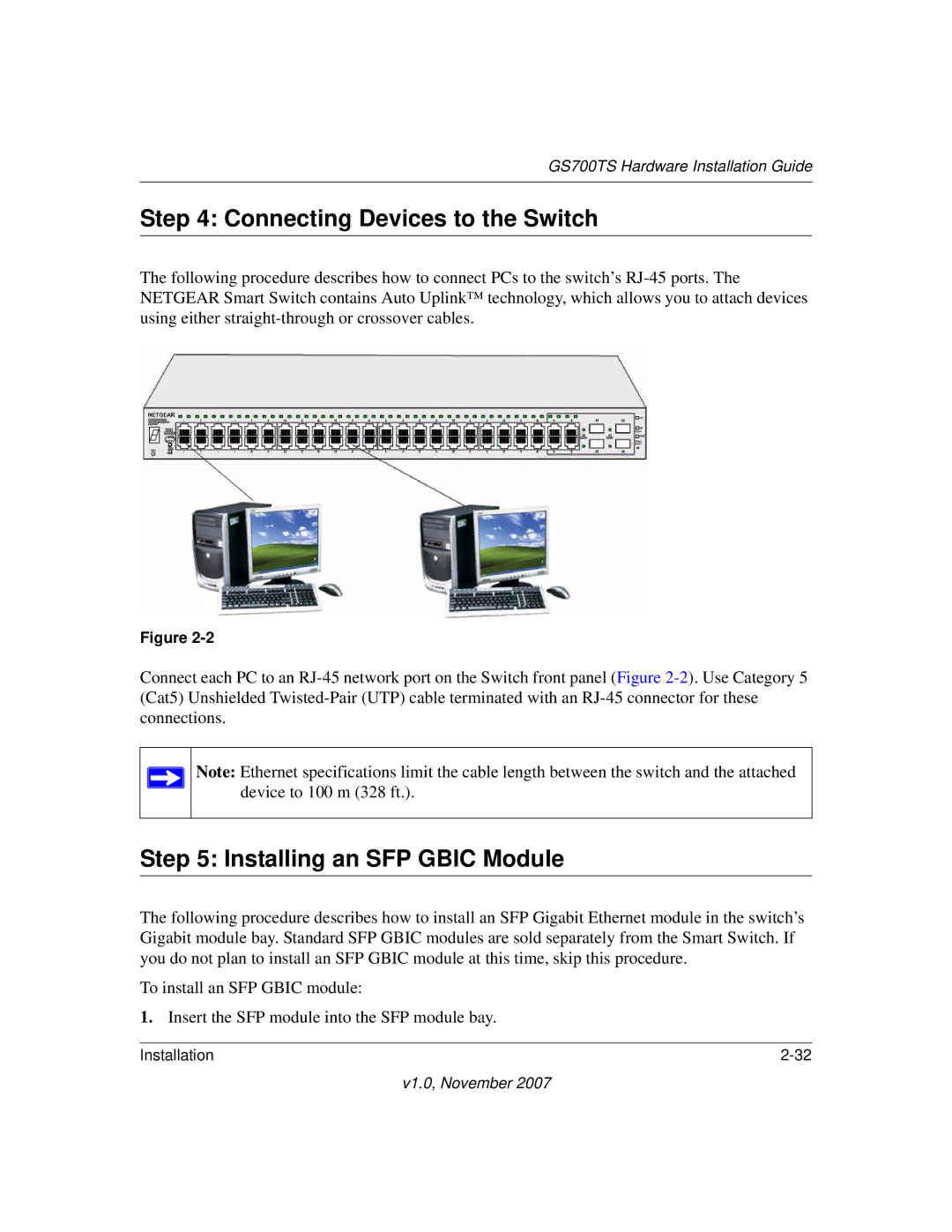 NETGEAR 724TS, 748TS manual Connecting Devices to the Switch, Installing an SFP Gbic Module 