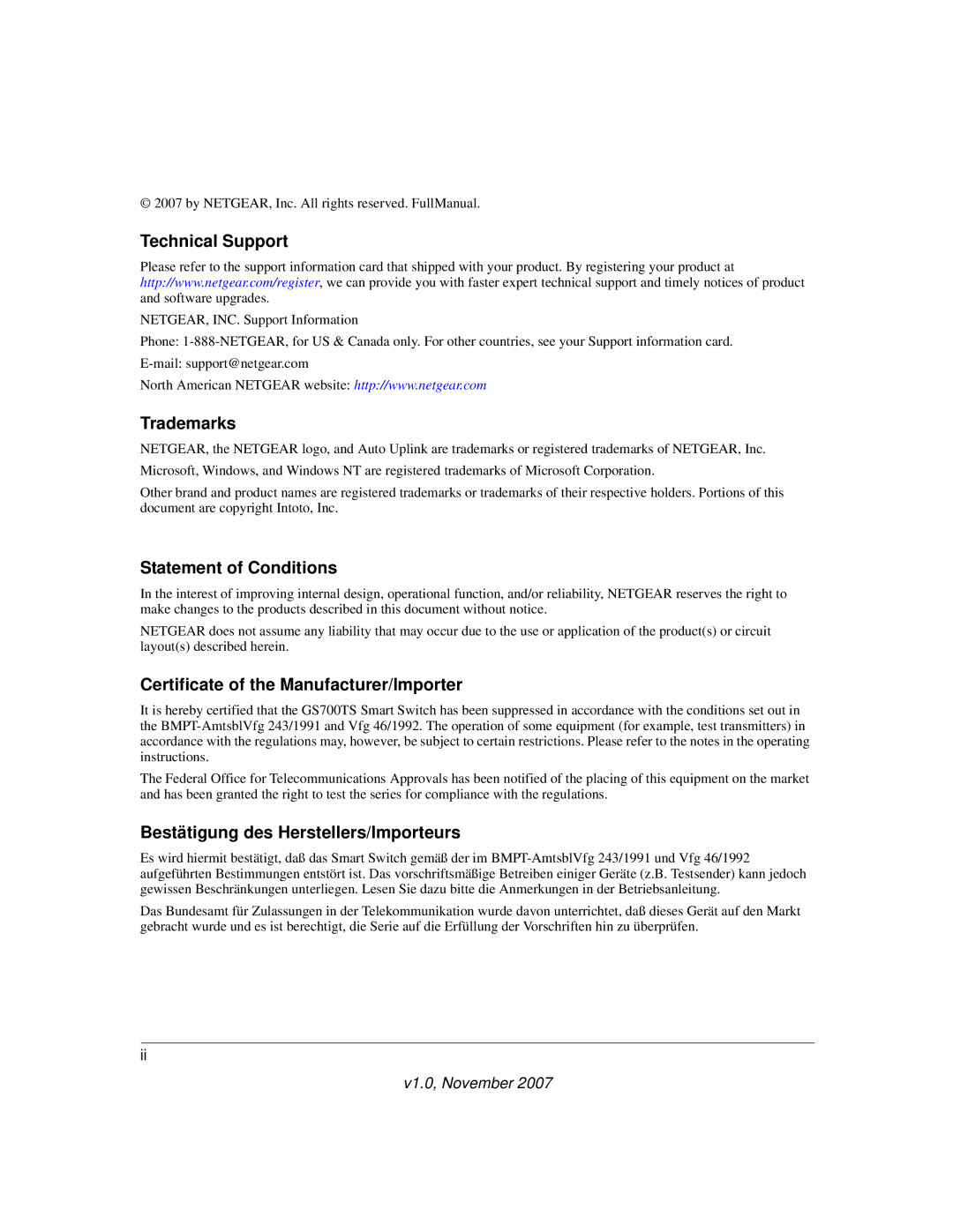 NETGEAR 748TS, 724TS manual Technical Support 