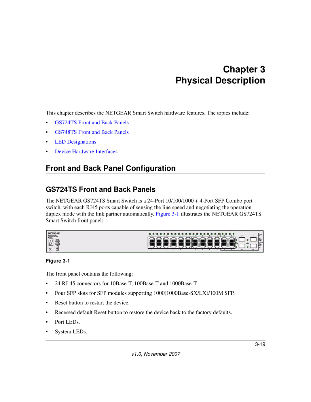 NETGEAR 748TS manual Chapter Physical Description, Front and Back Panel Configuration, GS724TS Front and Back Panels 