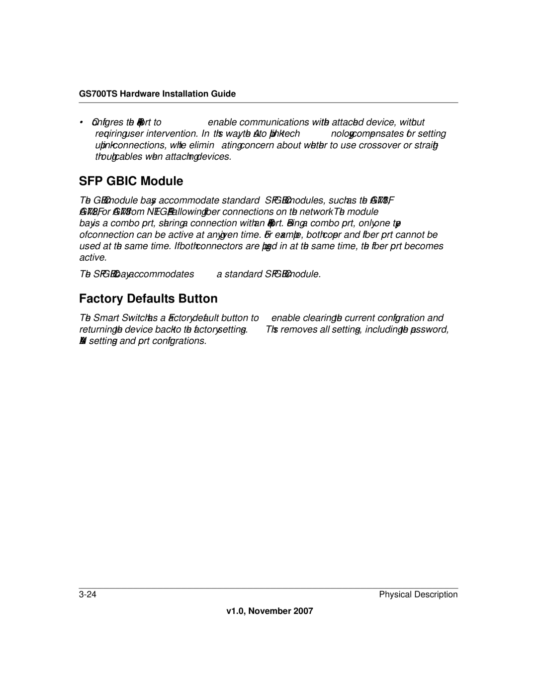 NETGEAR 748TS, 724TS manual SFP Gbic Module, Factory Defaults Button 