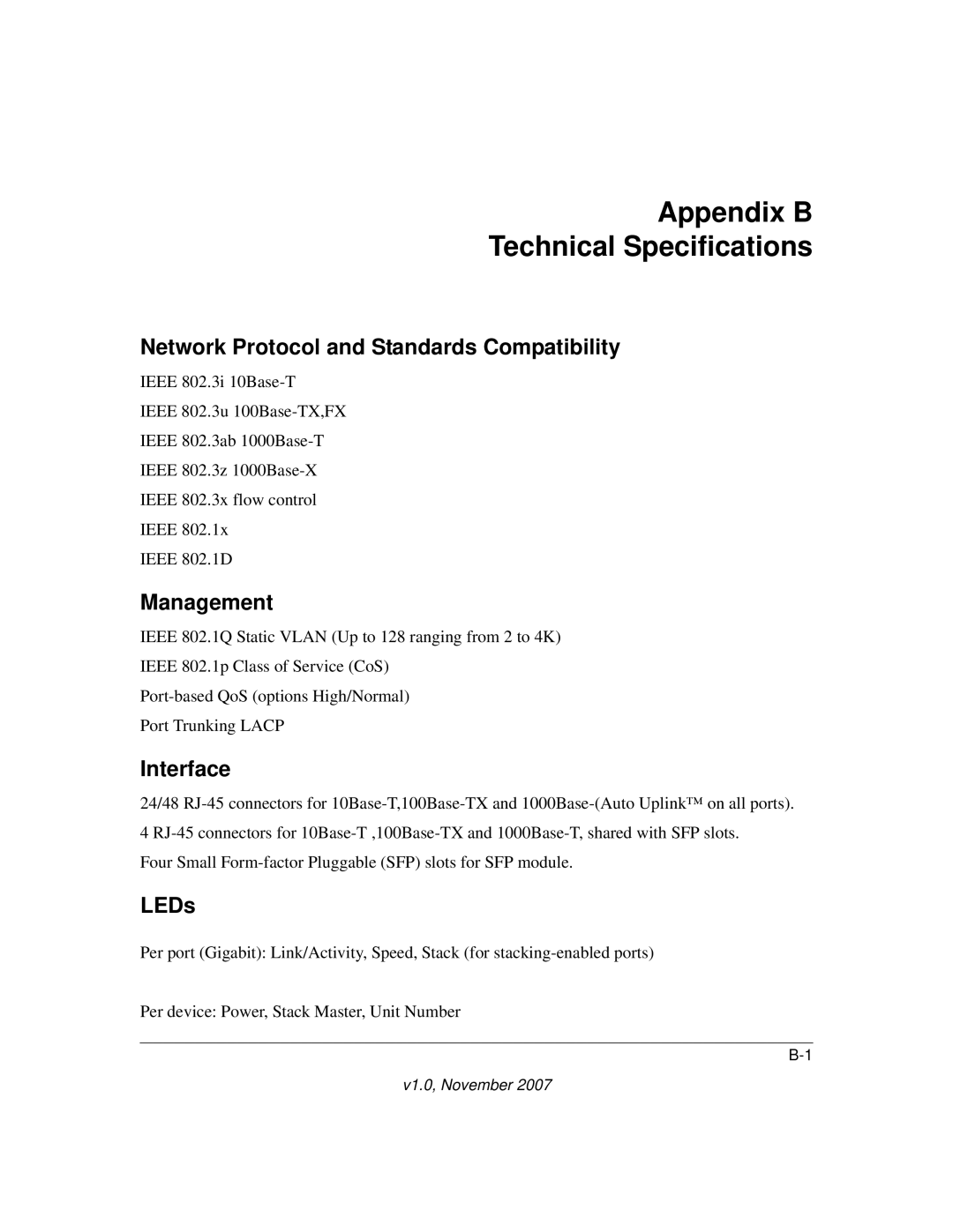 NETGEAR 748TS Appendix B Technical Specifications, Network Protocol and Standards Compatibility, Management, Interface 