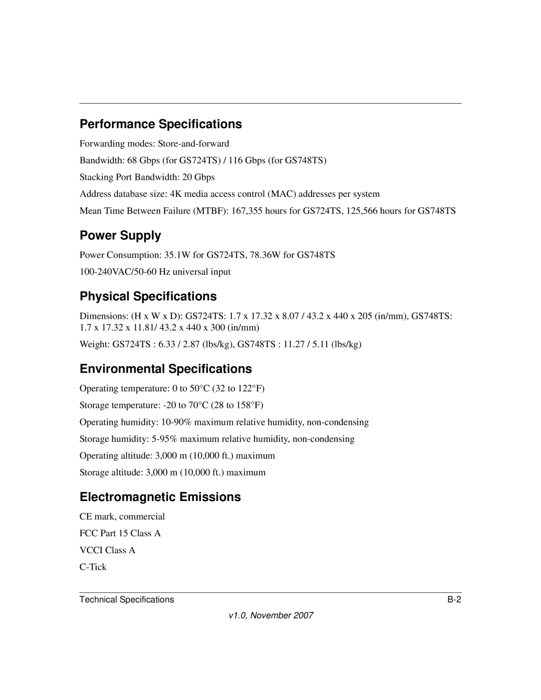 NETGEAR 724TS, 748TS manual Performance Specifications, Power Supply, Physical Specifications, Environmental Specifications 