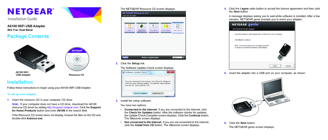 NETGEAR A6100 manual Package Contents, Installation, To set up your adapter 