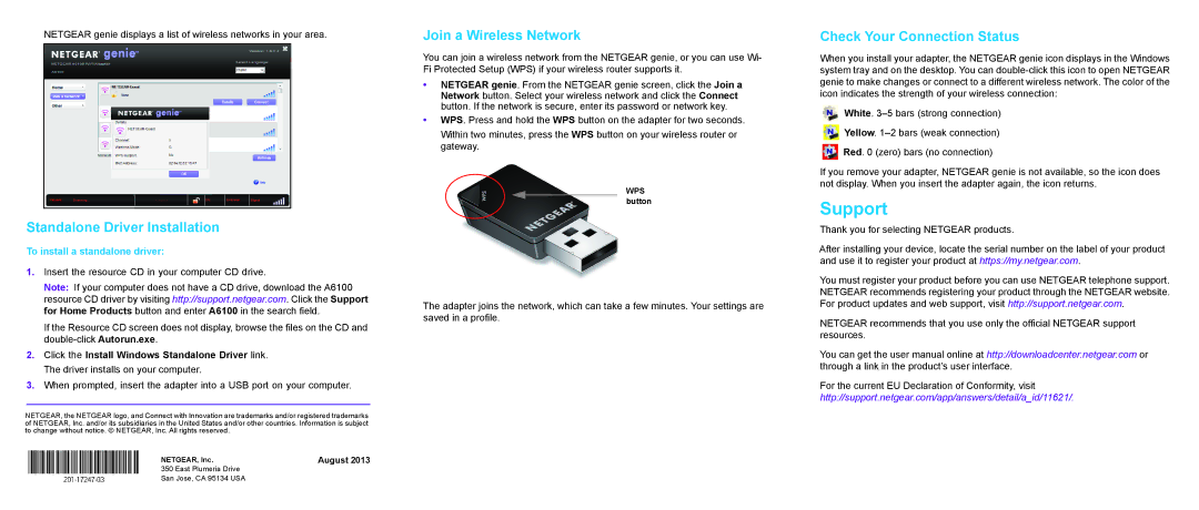 NETGEAR A6100 manual Support, Standalone Driver Installation, Join a Wireless Network, Check Your Connection Status 