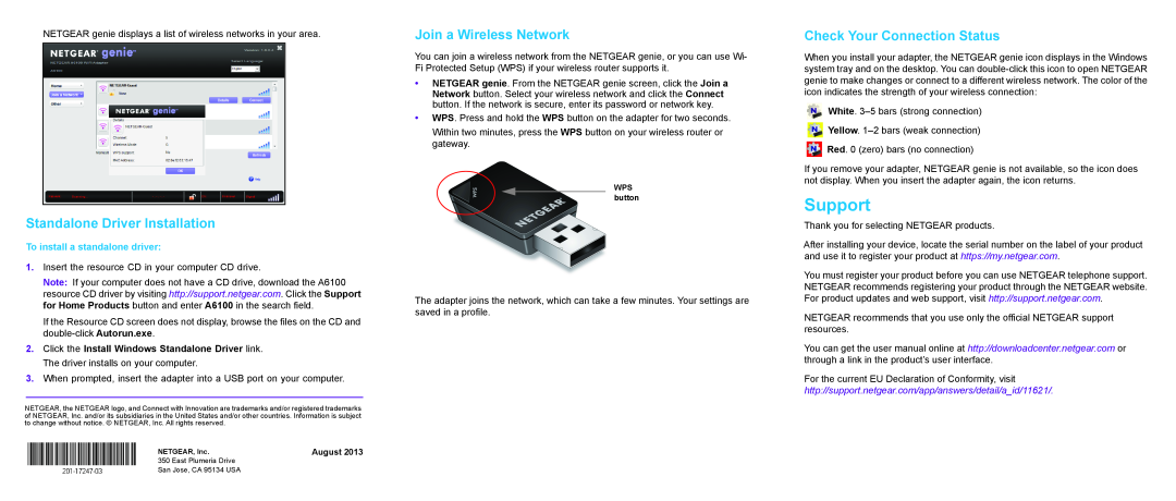 NETGEAR A6100 manual Support, To install a standalone driver, Standalone Driver Installation, Join a Wireless Network 