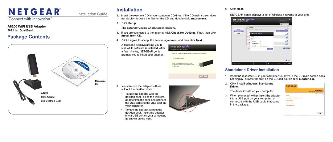 NETGEAR A6200-100NAS manual Package Contents, Standalone Driver Installation, 802.11ac Dual Band 