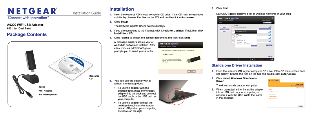 NETGEAR A6200-100NAS manual Package Contents, Standalone Driver Installation, Installation Guide, 802.11ac Dual Band 