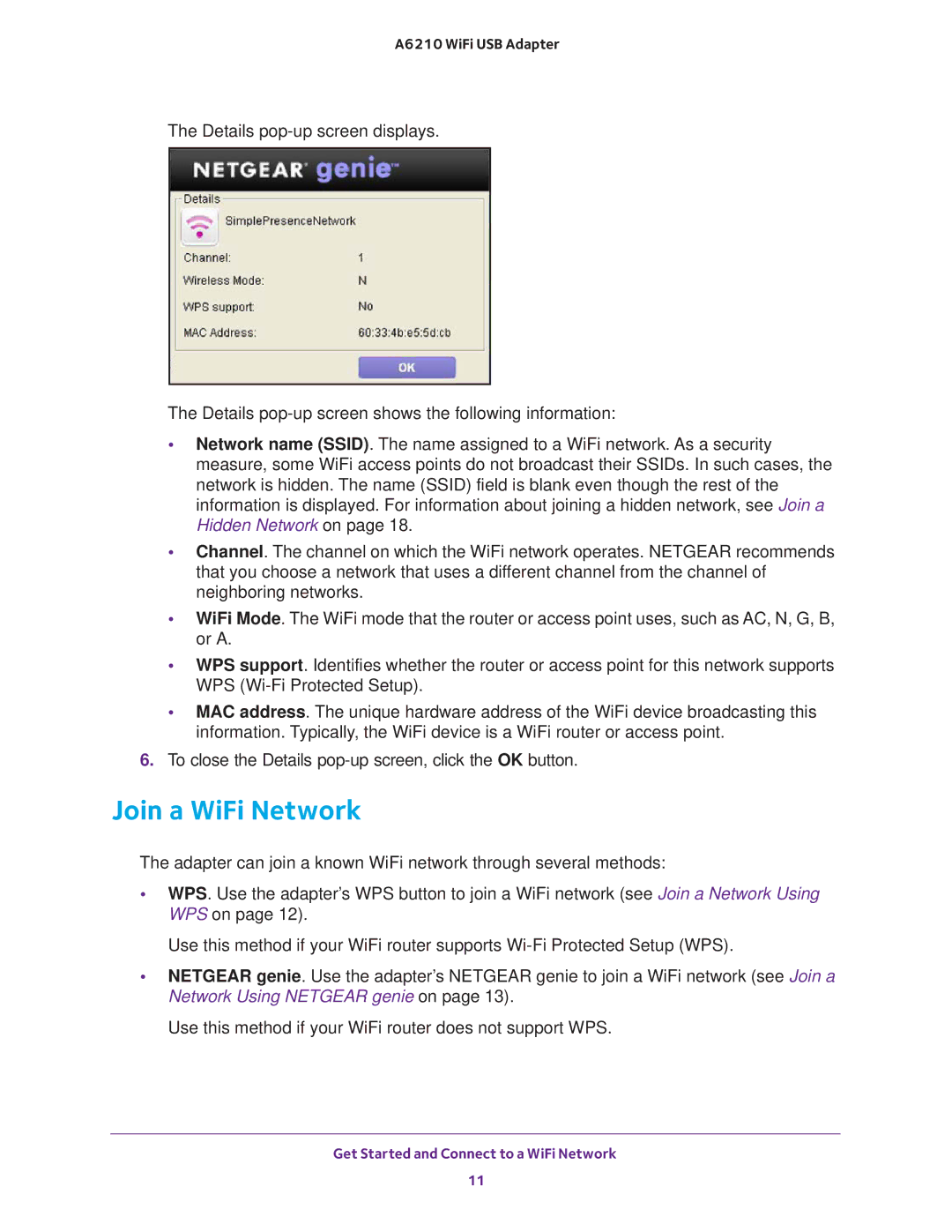 NETGEAR A6210 user manual Join a WiFi Network 