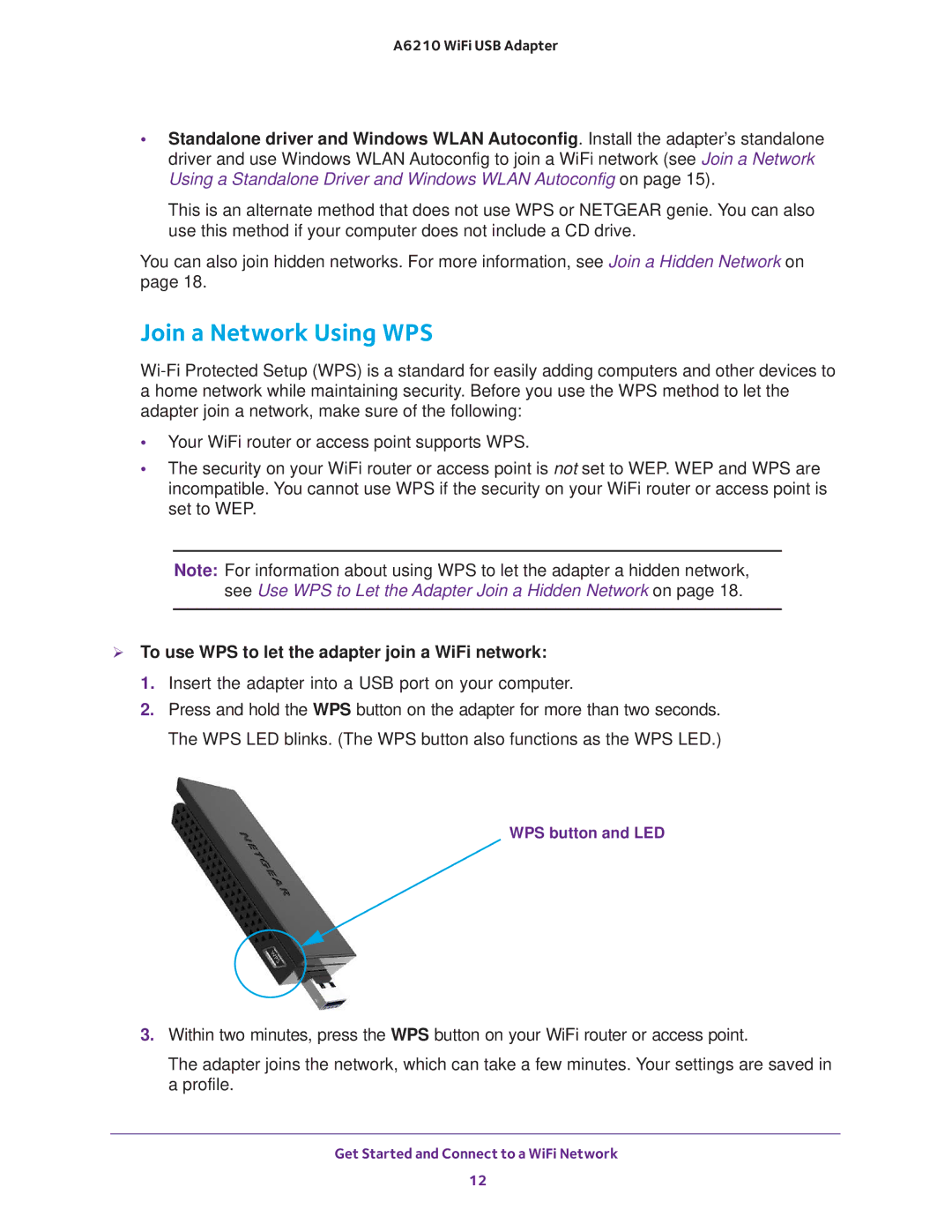 NETGEAR A6210 user manual Join a Network Using WPS,  To use WPS to let the adapter join a WiFi network 