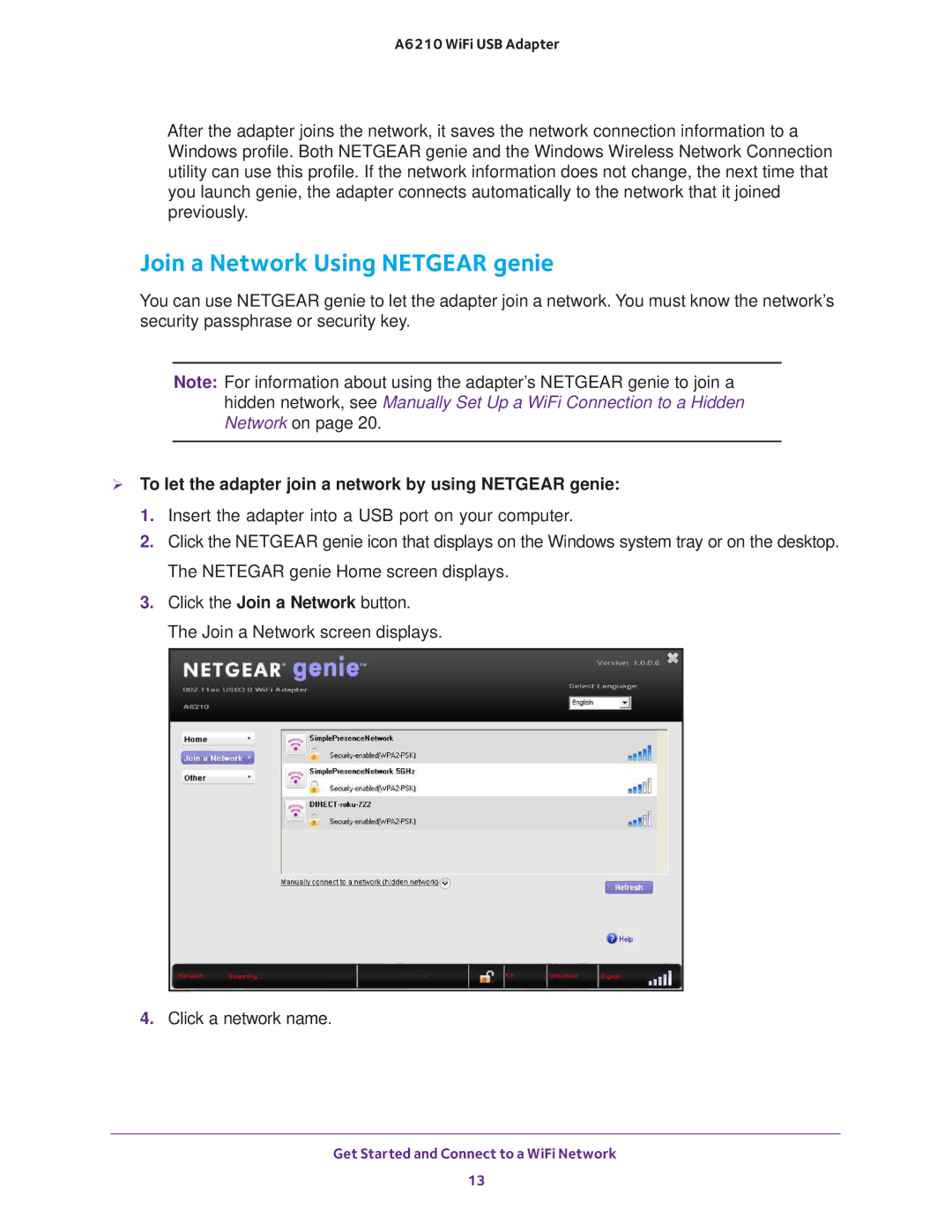 NETGEAR A6210 user manual Join a Network Using Netgear genie,  To let the adapter join a network by using Netgear genie 