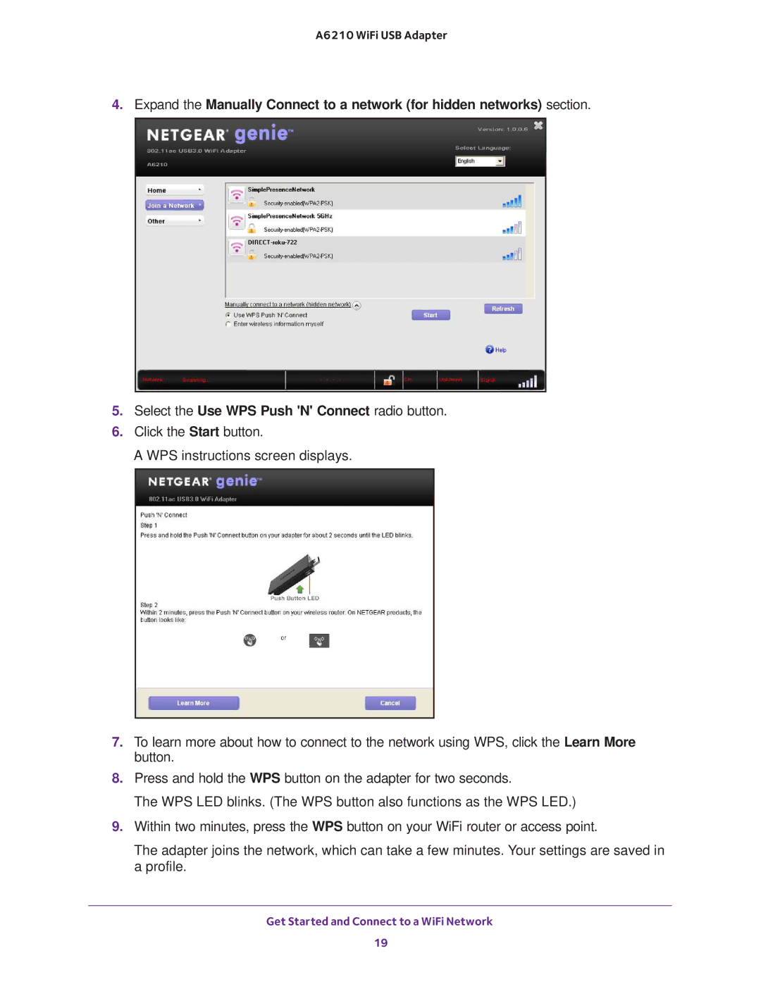 NETGEAR A6210 user manual Get Started and Connect to a WiFi Network 