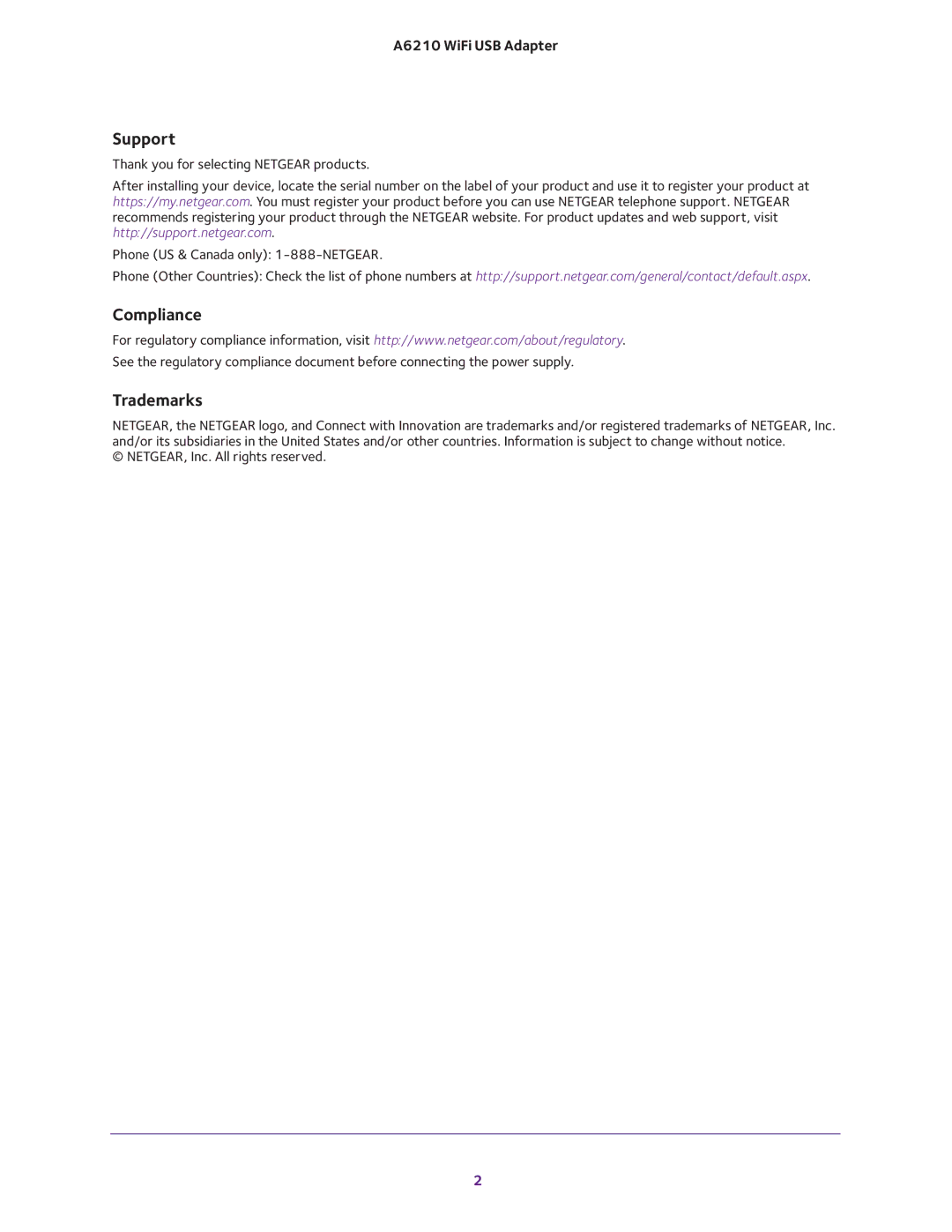 NETGEAR A6210 user manual Support, Compliance, Trademarks 