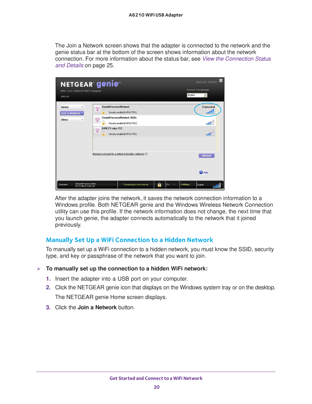 NETGEAR A6210 user manual Manually Set Up a WiFi Connection to a Hidden Network 