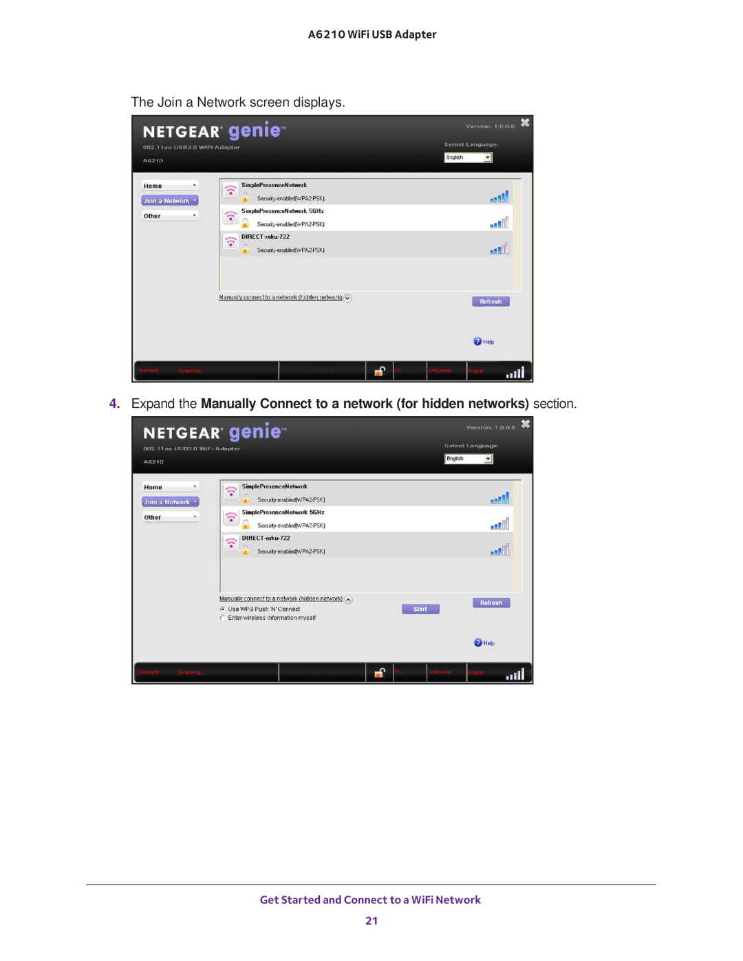 NETGEAR A6210 user manual Join a Network screen displays 