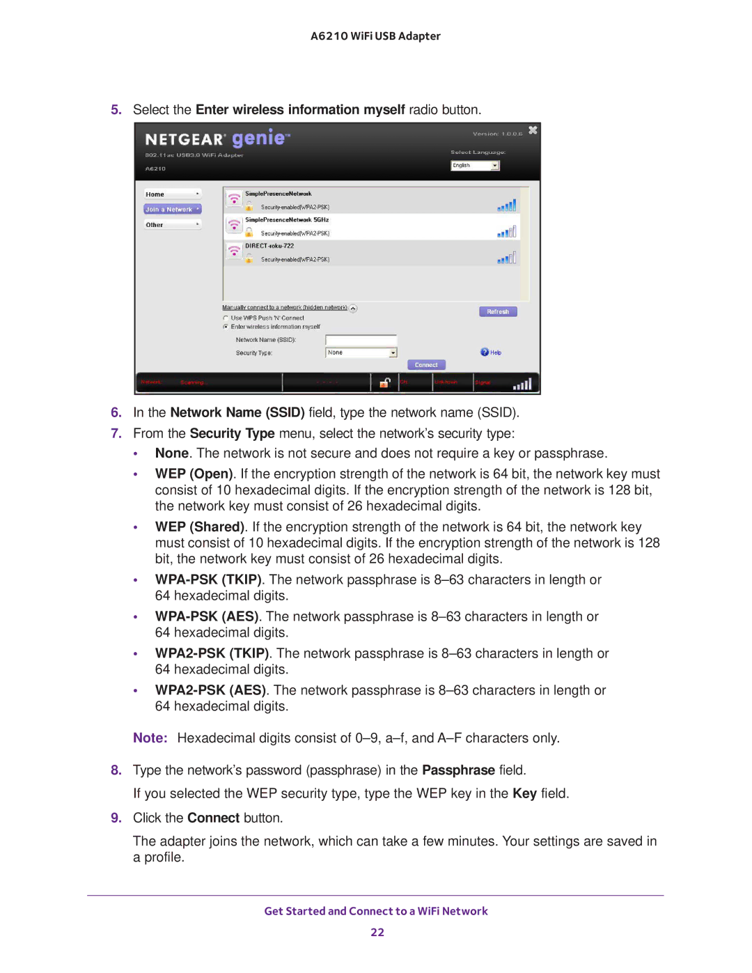 NETGEAR A6210 user manual Select the Enter wireless information myself radio button 