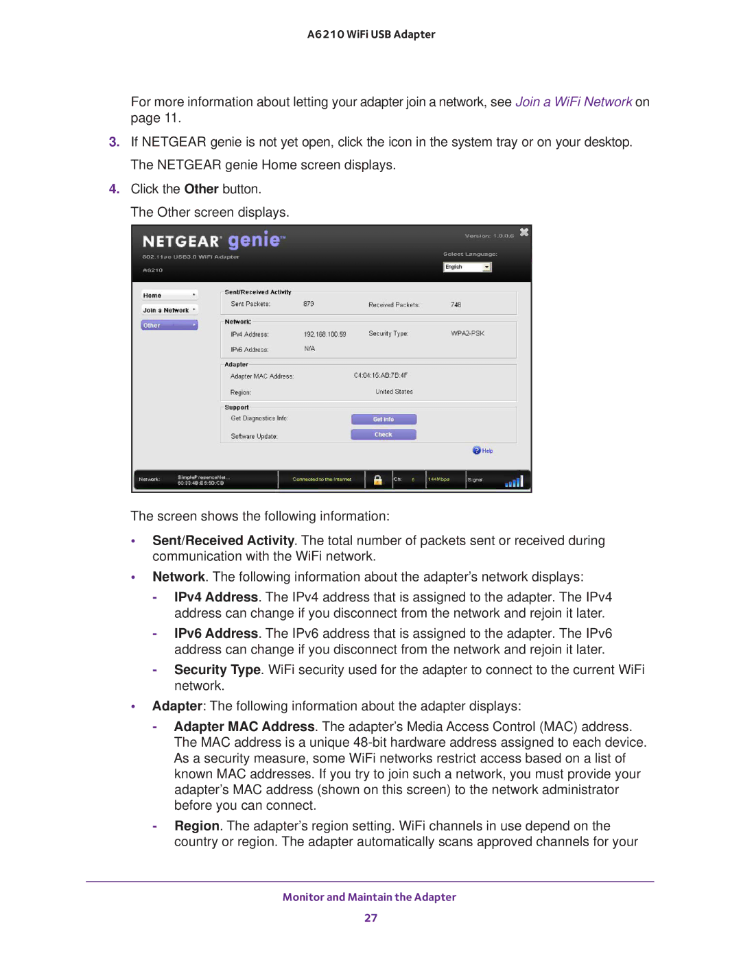 NETGEAR A6210 user manual Monitor and Maintain the Adapter 