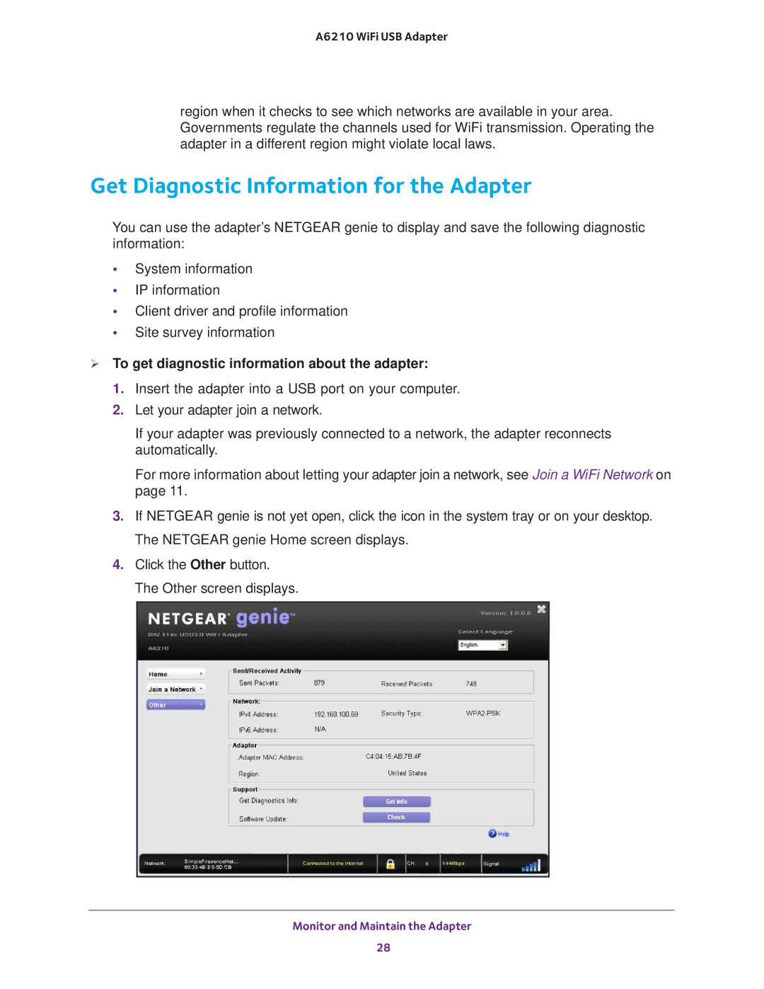 NETGEAR A6210 user manual Get Diagnostic Information for the Adapter,  To get diagnostic information about the adapter 