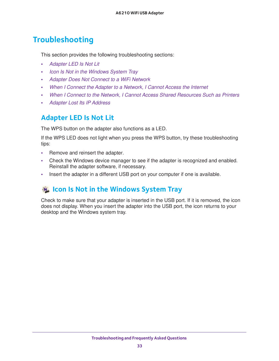 NETGEAR A6210 user manual Troubleshooting, Adapter LED Is Not Lit, Icon Is Not in the Windows System Tray 