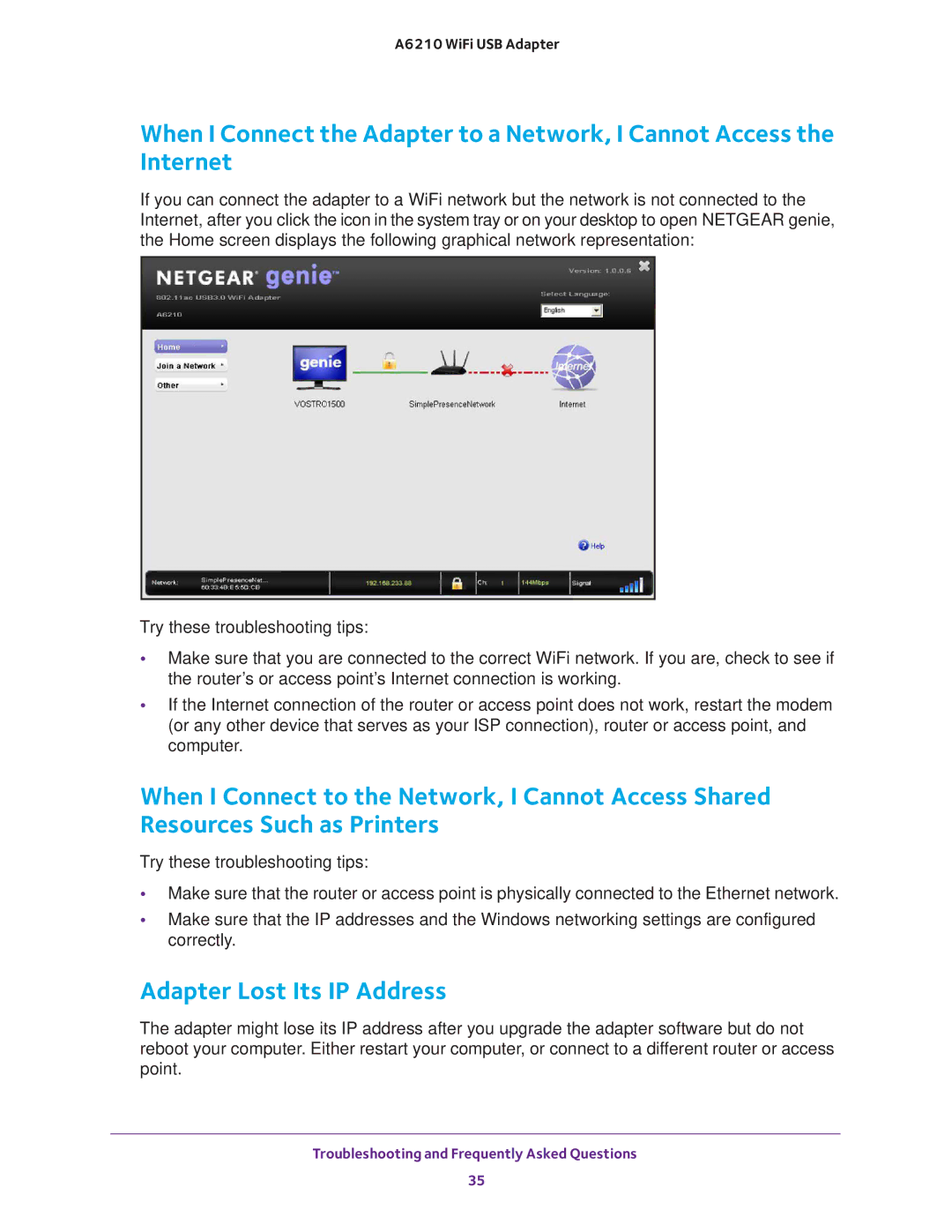 NETGEAR A6210 user manual Adapter Lost Its IP Address 