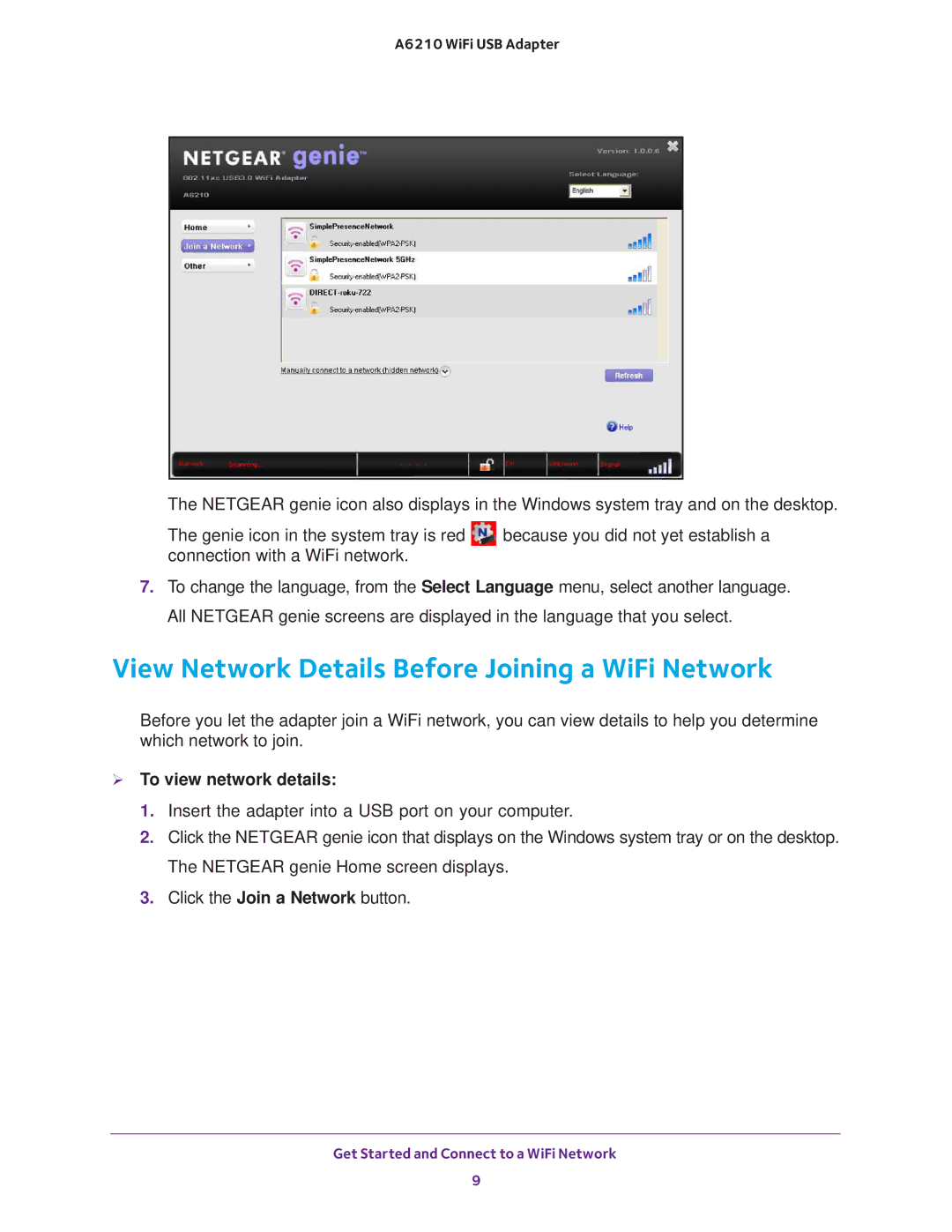 NETGEAR A6210 user manual View Network Details Before Joining a WiFi Network,  To view network details 