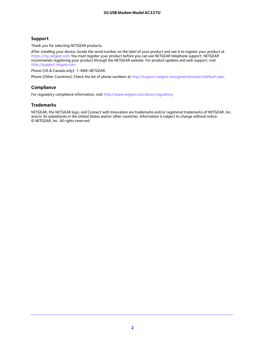 NETGEAR AC327U user manual Support, Compliance Trademarks 