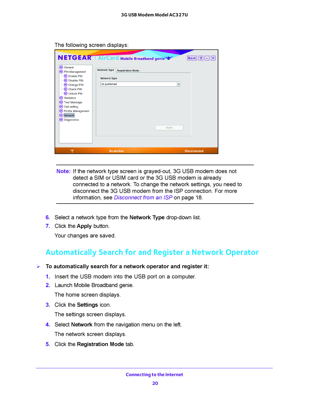 NETGEAR AC327U user manual Automatically Search for and Register a Network Operator, Click the Registration Mode tab 