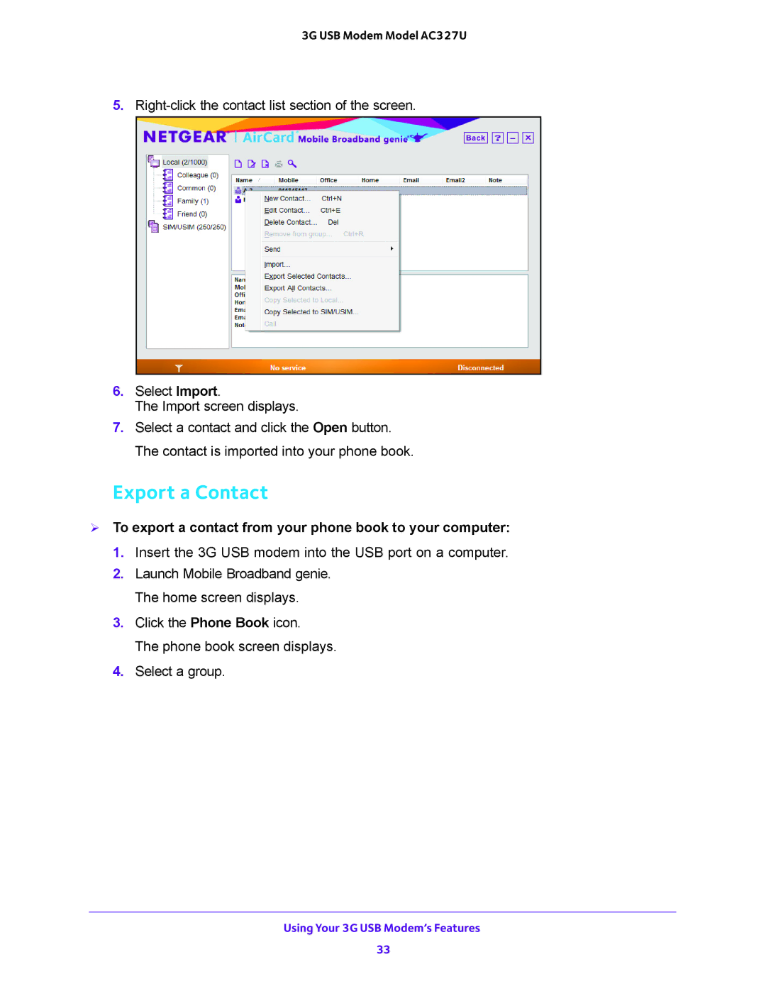 NETGEAR AC327U user manual Export a Contact,  To export a contact from your phone book to your computer 