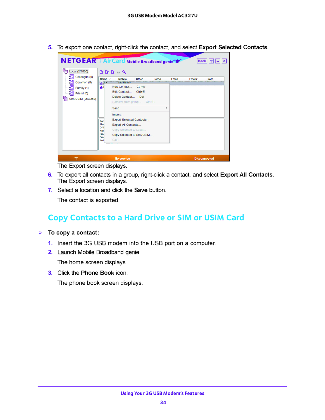 NETGEAR AC327U user manual Copy Contacts to a Hard Drive or SIM or Usim Card,  To copy a contact 