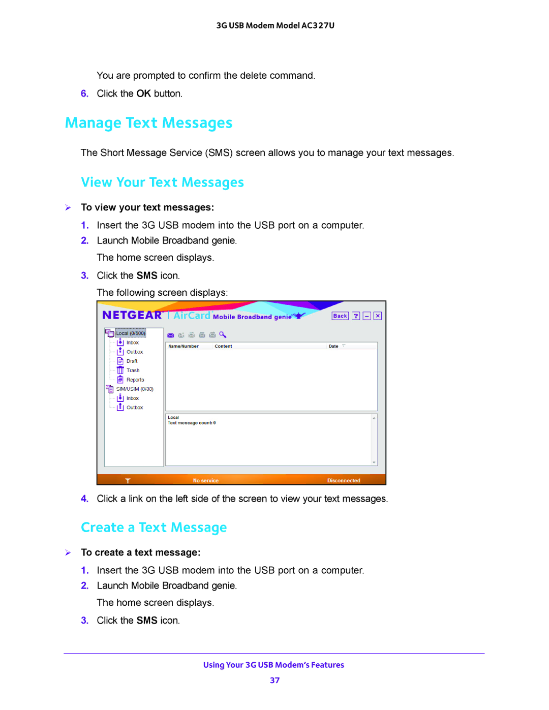 NETGEAR AC327U Manage Text Messages, View Your Text Messages, Create a Text Message,  To view your text messages 