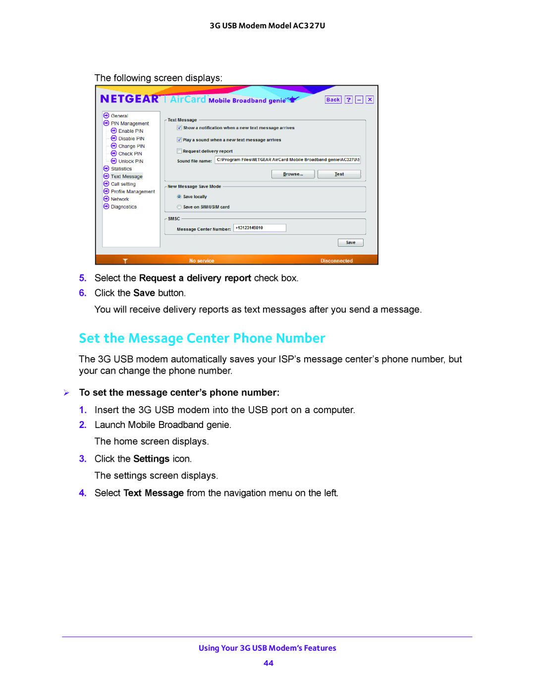 NETGEAR AC327U user manual Set the Message Center Phone Number, Select the Request a delivery report check box 