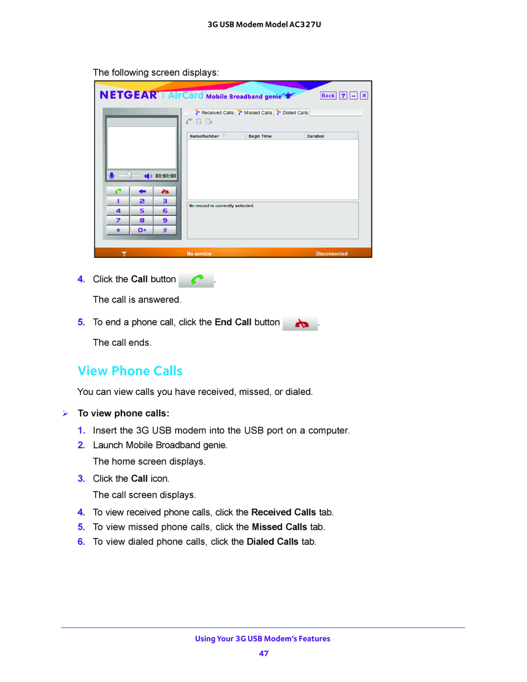 NETGEAR AC327U user manual View Phone Calls,  To view phone calls 