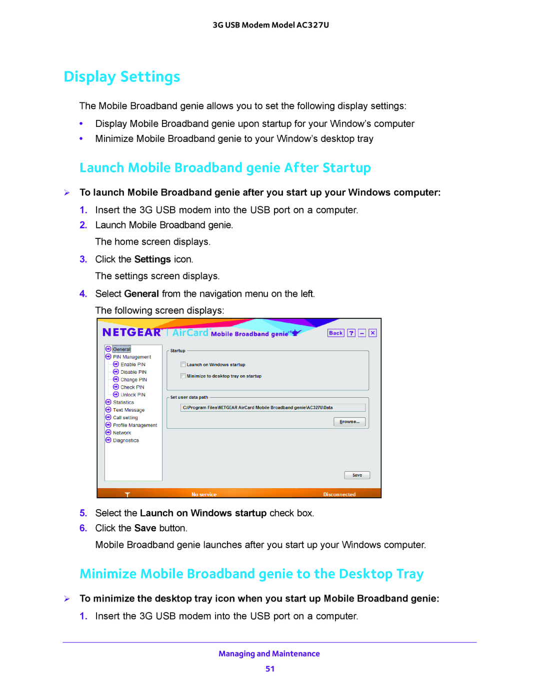 NETGEAR AC327U user manual Display Settings, Launch Mobile Broadband genie After Startup 