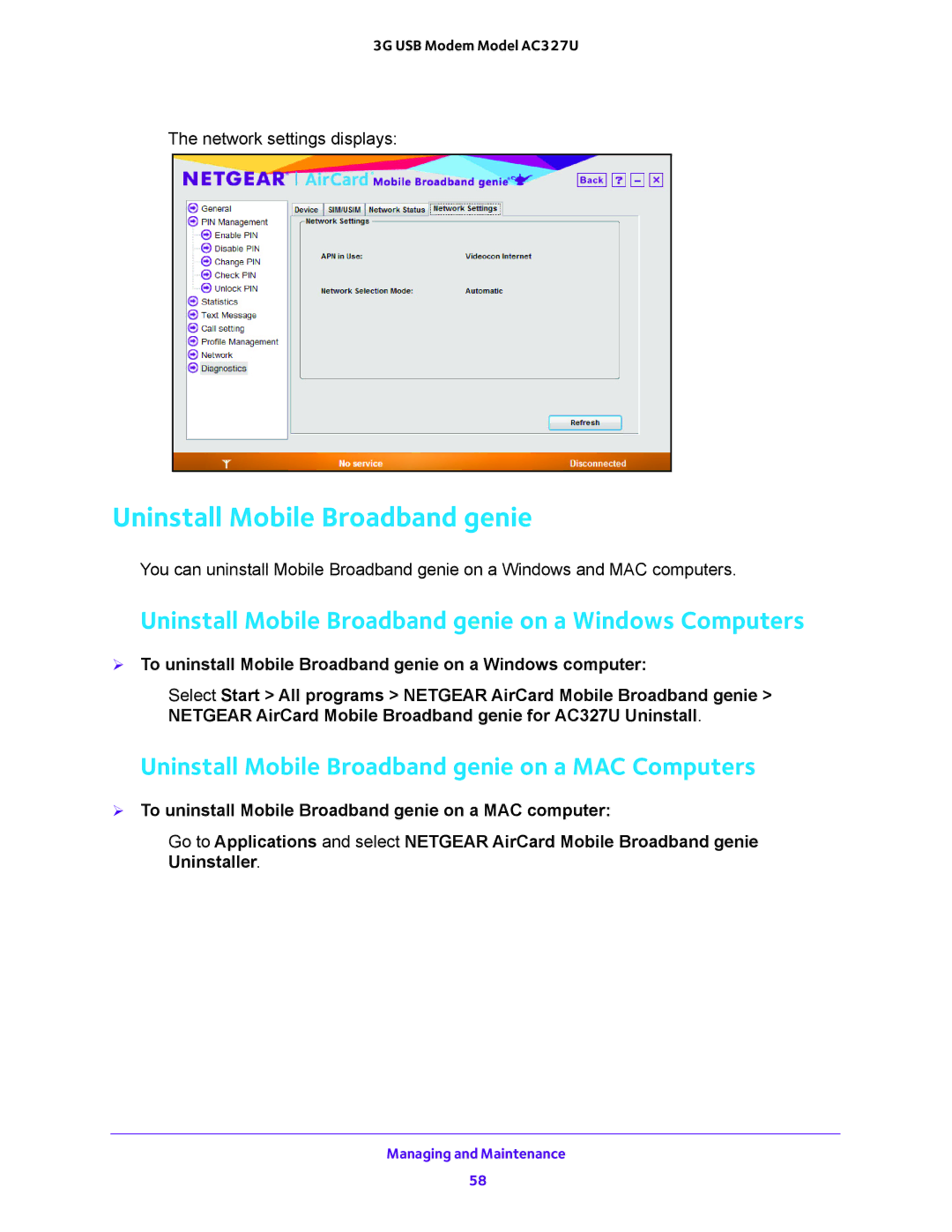 NETGEAR AC327U user manual Uninstall Mobile Broadband genie on a Windows Computers 