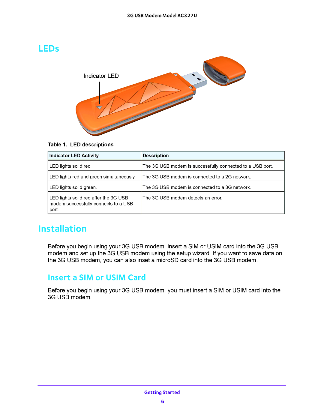 NETGEAR AC327U user manual LEDs, Installation, Insert a SIM or Usim Card 