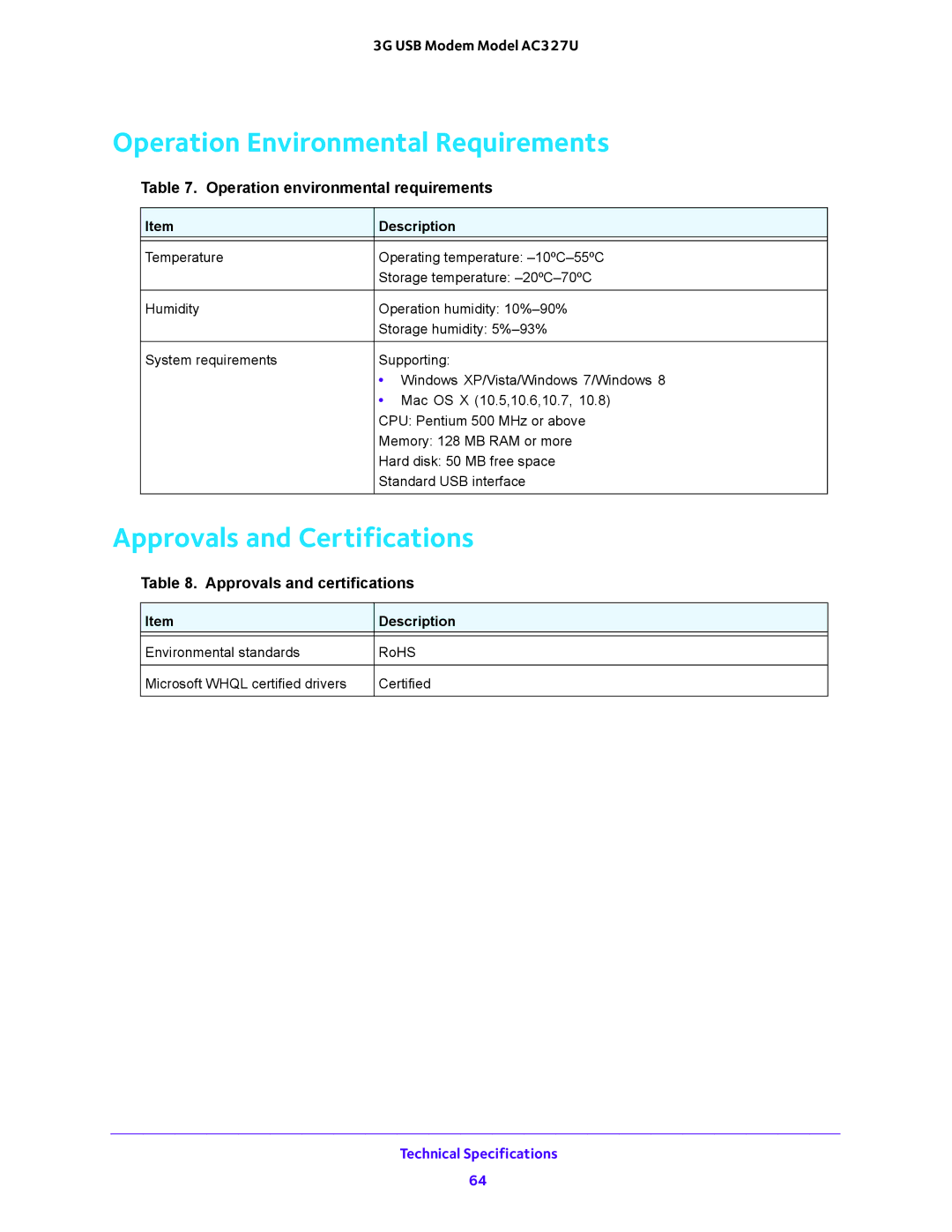 NETGEAR AC327U user manual Operation Environmental Requirements, Approvals and Certifications 