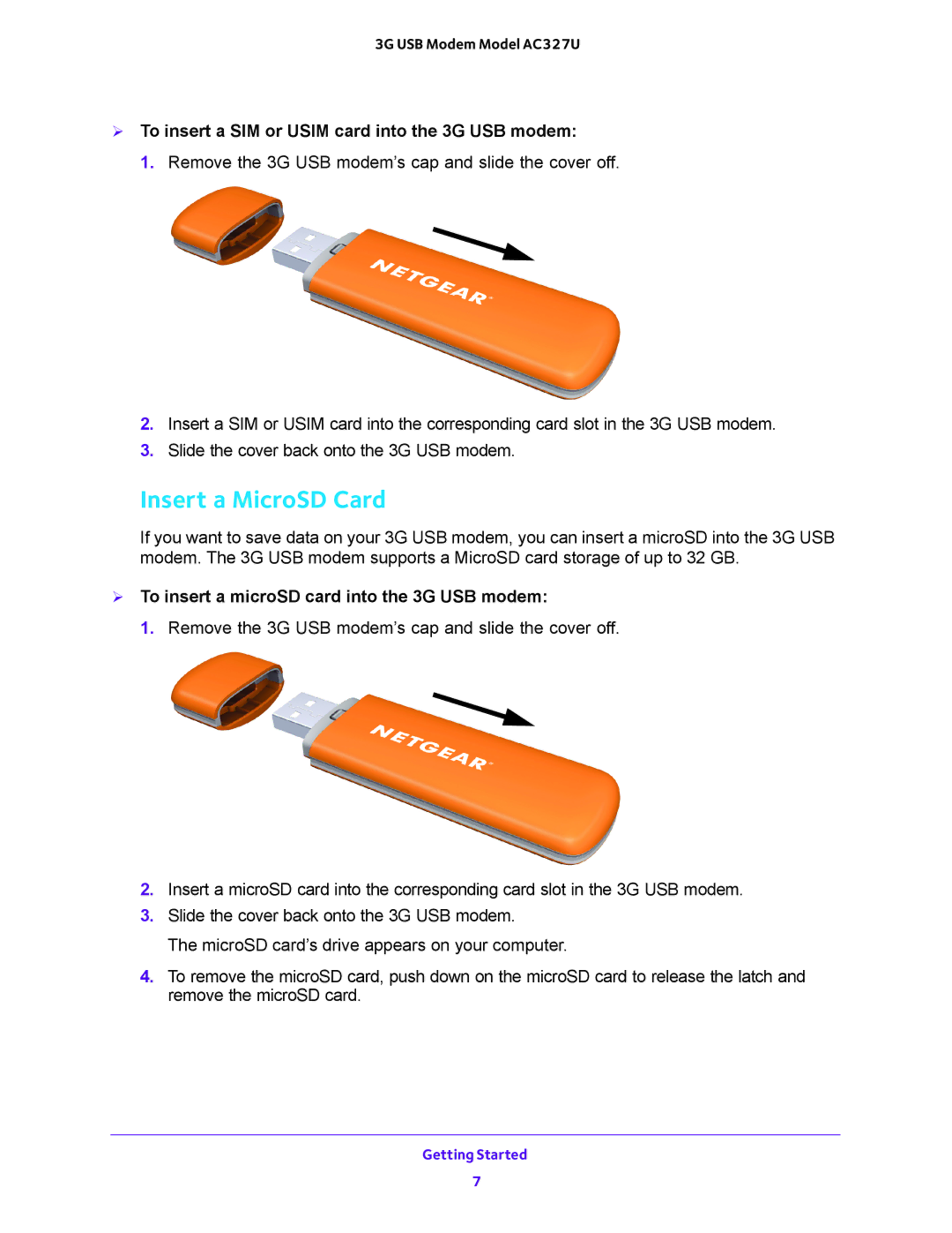 NETGEAR AC327U user manual Insert a MicroSD Card,  To insert a SIM or Usim card into the 3G USB modem 