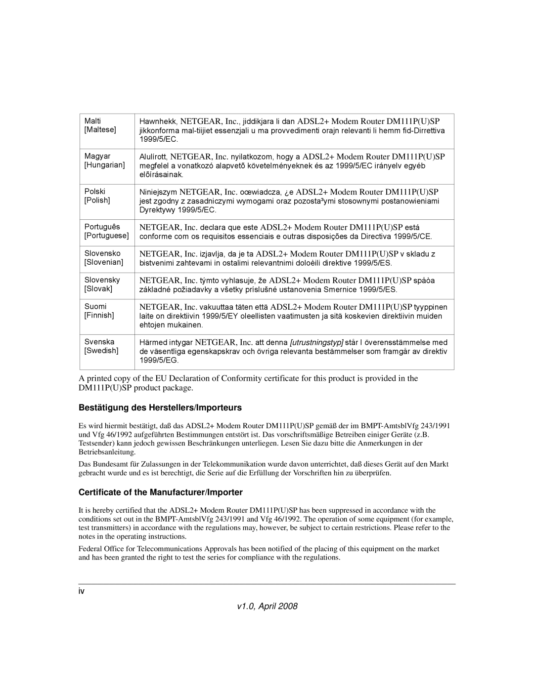 NETGEAR ADSL2+ user manual Bestätigung des Herstellers/Importeurs, Certificate of the Manufacturer/Importer 