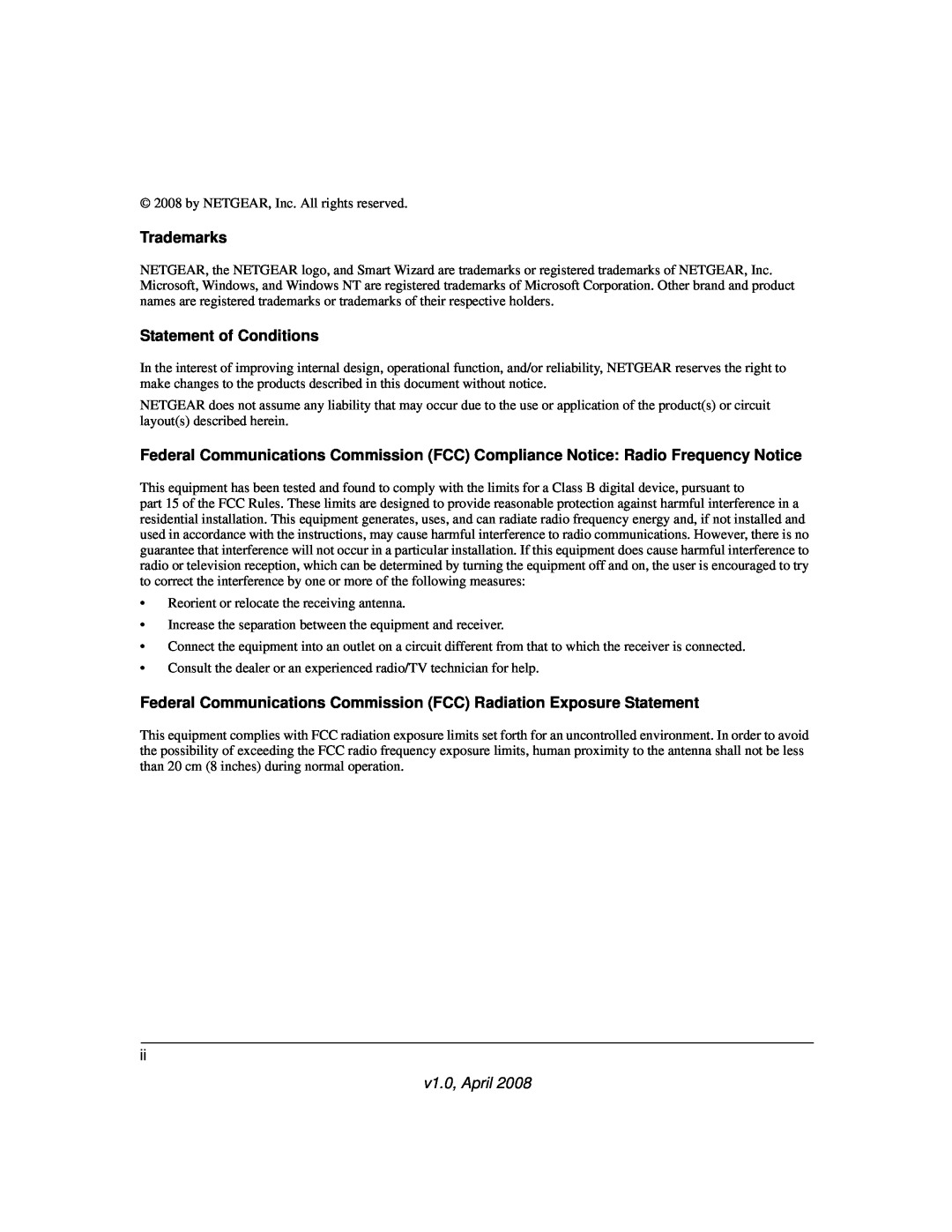 NETGEAR ADSL2+ Trademarks, Statement of Conditions, Federal Communications Commission FCC Radiation Exposure Statement 