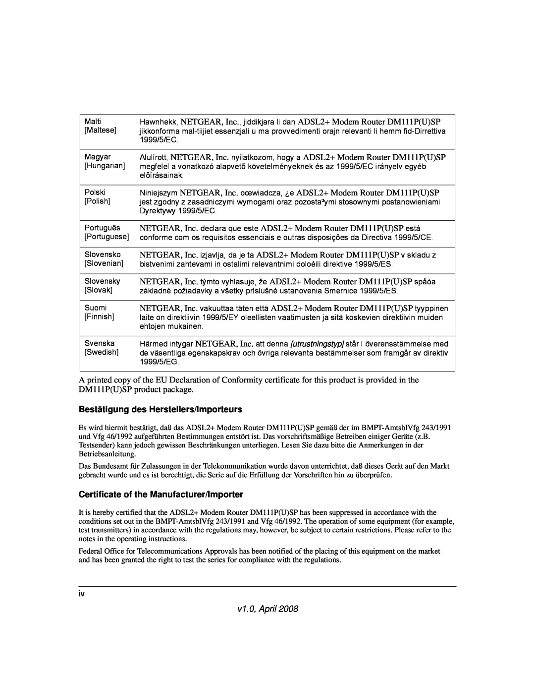 NETGEAR ADSL2+ user manual Bestätigung des Herstellers/Importeurs, Certificate of the Manufacturer/Importer, v1.0, April 